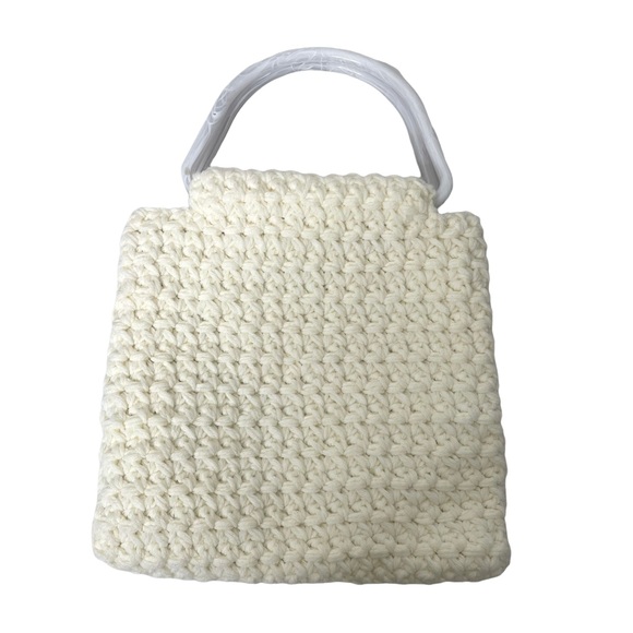 Vtg Crochet Double Handle Handbag Clutch Handmade Boho Purse - Picture 2 of 14